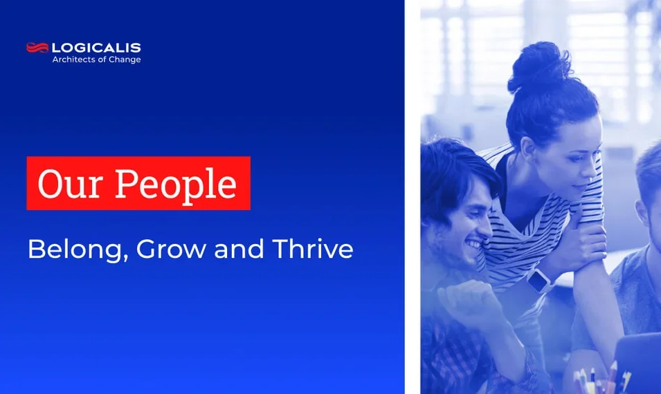 Image of people working together with title Our People - Belong, Grow and Thrive